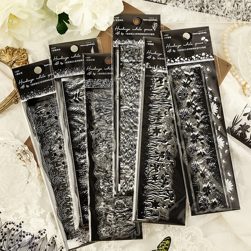 

30Packs wholesale Lace Black White Stickers Flower Material Decoration Paper Bottom Scrapbook Rectangle Stationery Shadow