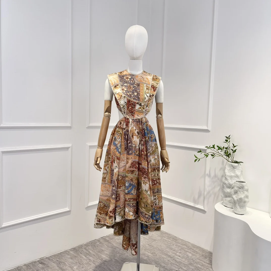 

2023 Summer Latest High Quality Vintage Floral Printing Cut Out Sleeveless Embroidery Design Midi Dress for Women