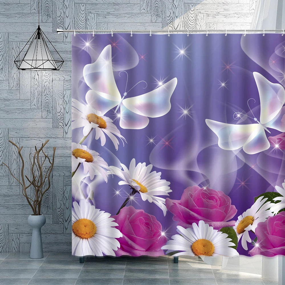 

Цветочная занавеска для душа, набор для ванной комнаты, розовая роза и прозрачная фотография, украшение для дома с крючком