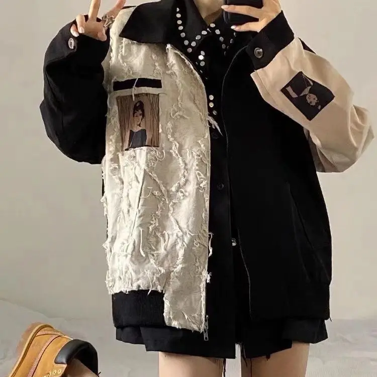 

Black And White Patchwork Lapel Baseball Jacket Autumn And Winter Loose Long-Sleeved Zipper Retro Patch Street Couple Jacket