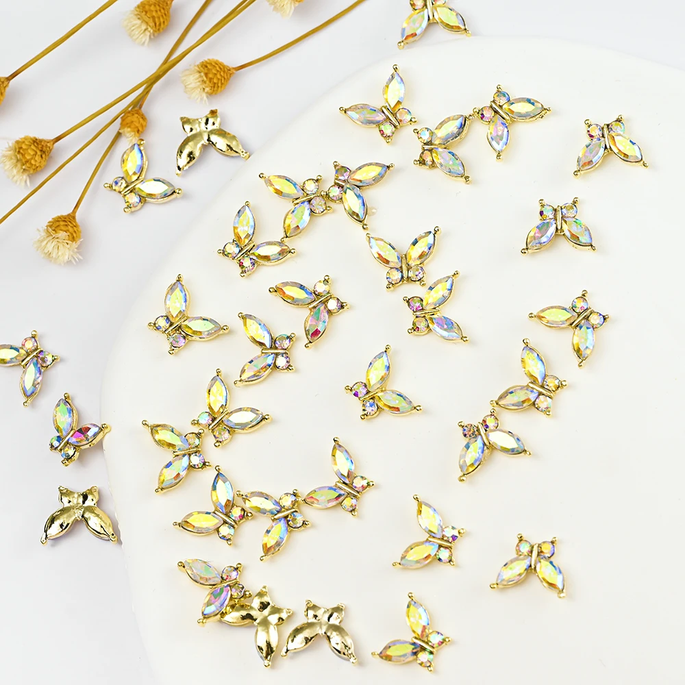 

10Pcs Glass Crystal Rhinestones Butterfly Nail Jewelry 3D Gold Shiny Diamond Nail Art Gems Luxury Butterflies Manicure Accessory