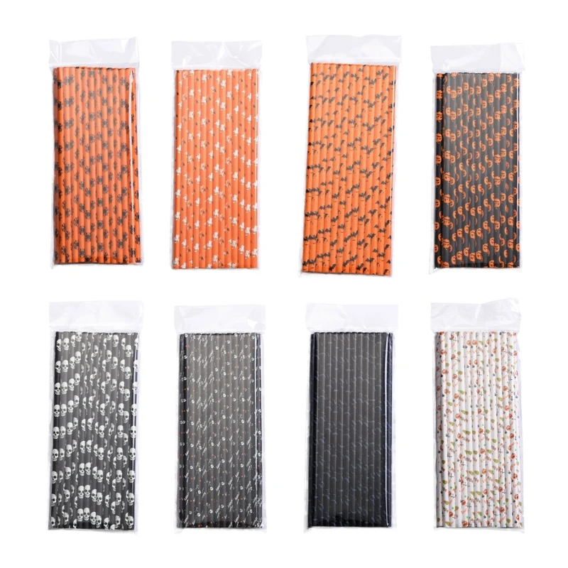 

2022 New 25pcs Halloween Disposable Drinking Paper Straws Pumpkin Bat Spider Pattern Straw for Party Wedding Supply