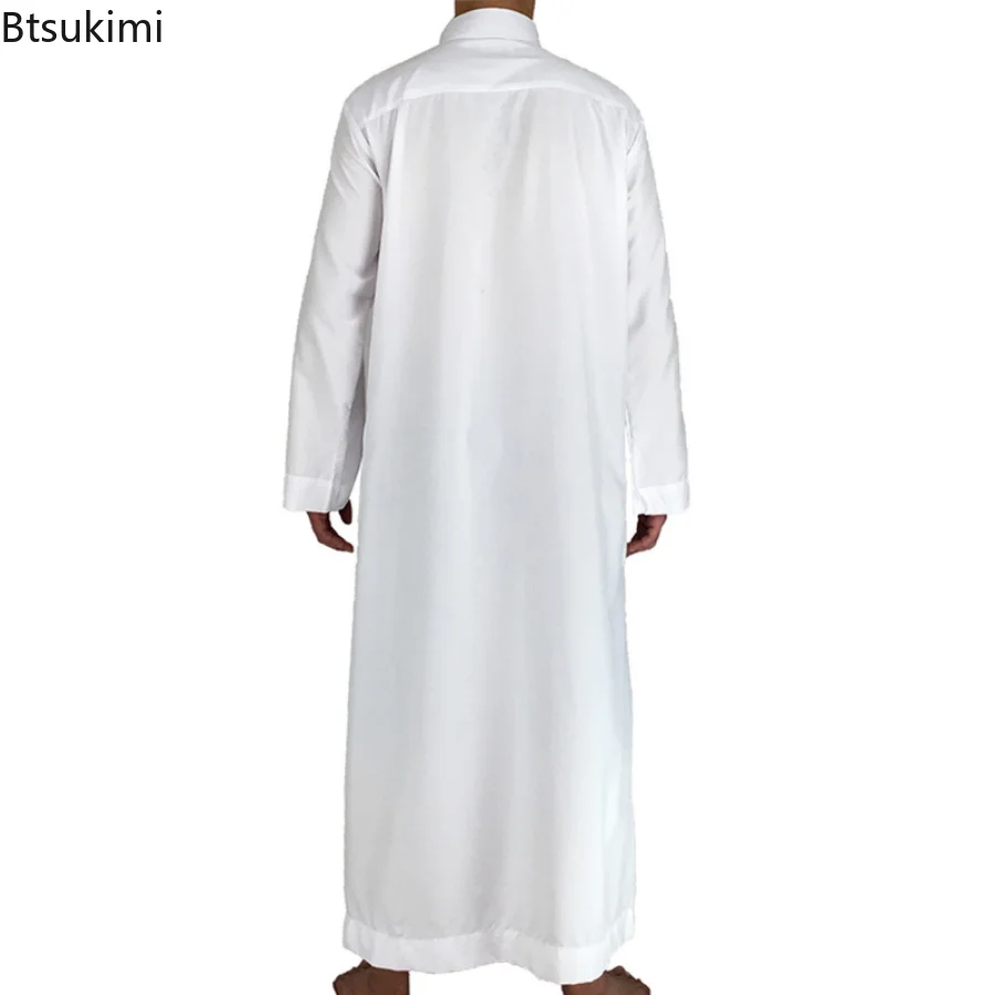 2023 White Polyester Muslim Jubba Thobe Muslim Fashion Long Sleeve Stand Collar Islamic Arabic Kaftan Men Abaya Islam Clothing