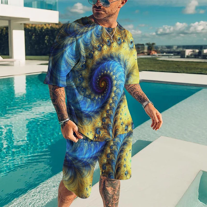

New 2021 Summer Men's T-shirt Male Casual Suit Abstract Style 3D Printing Men T-shirt Short Sleeve Shorts Oversized 2-piece Set