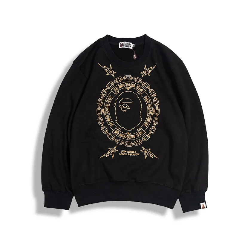 

A BATHING APE BAPE ASIA Size Autumn tide brand golden ape-man head words embroidered round neck pullover long-sleeved sweater