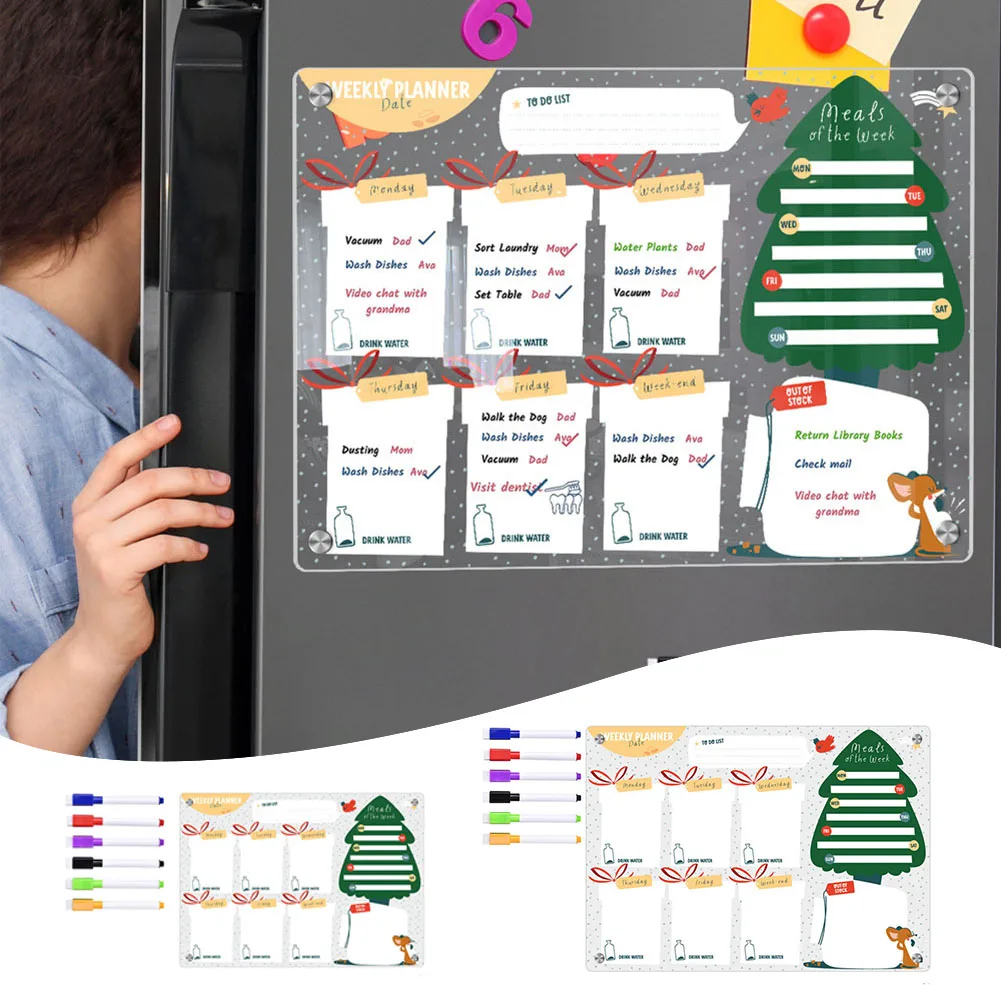 

Christmas Cartoon Acrylic Magnetic Message Board Erasable Fridge Magnet With 6 Rewritable Whiteboard Pens For Kitchen Decoration