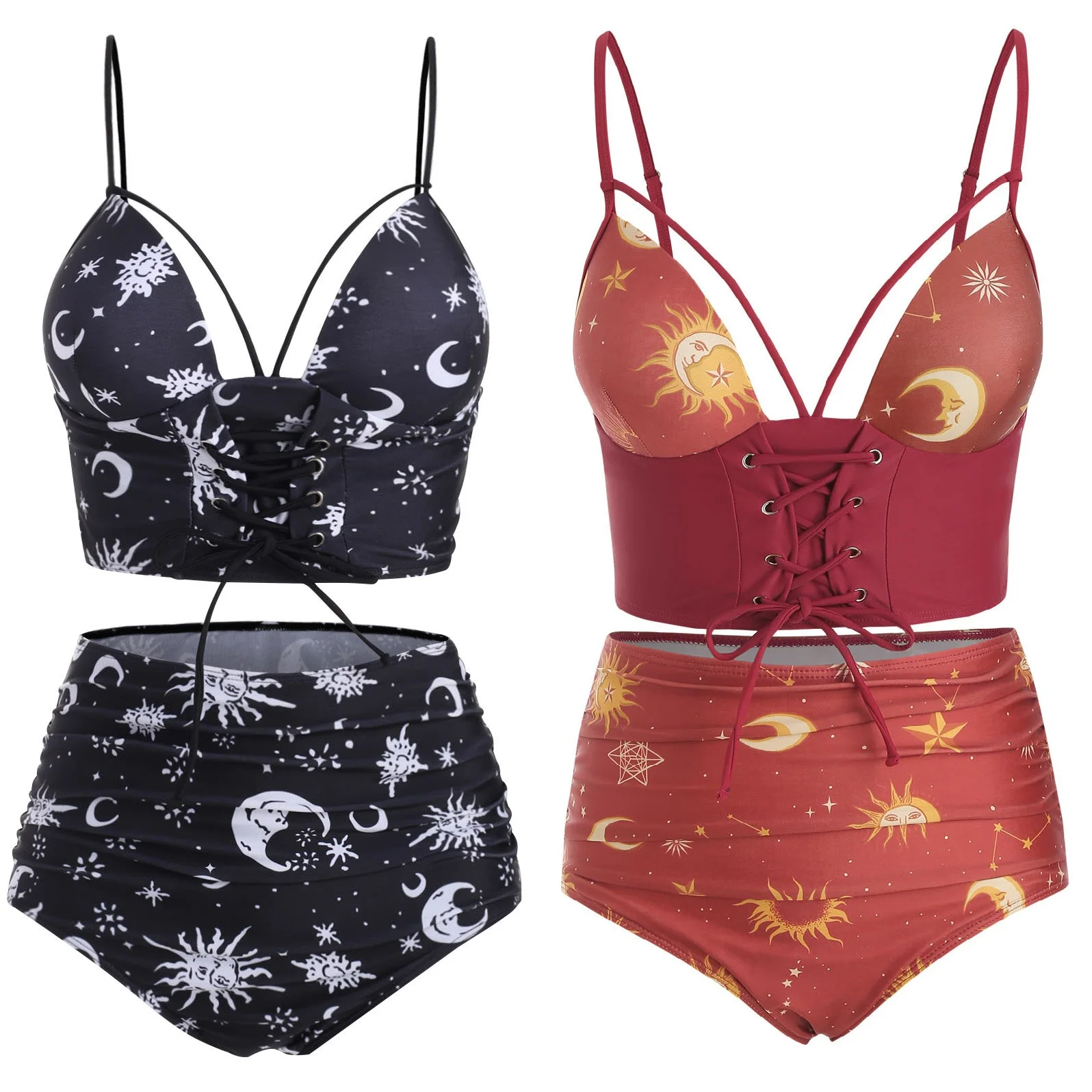 

Two Piece Vintage Corset Swimsuit Lace Up Tummy Control Tankini Bathing Suit High Waisted Straps Swimwear For Women Bikinis Set