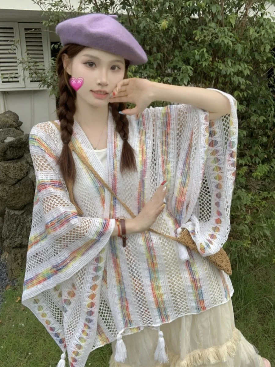 Gaganight женский вязаный кардиган в радужную контрастную полоску с кисточками