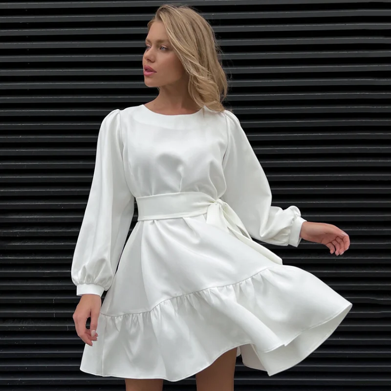 

Новая французская маленькая белая юбка с рукавами-фонариками, расклешенная трапециевидная юбка с длинным рукавом, дизайнерская короткая юбка