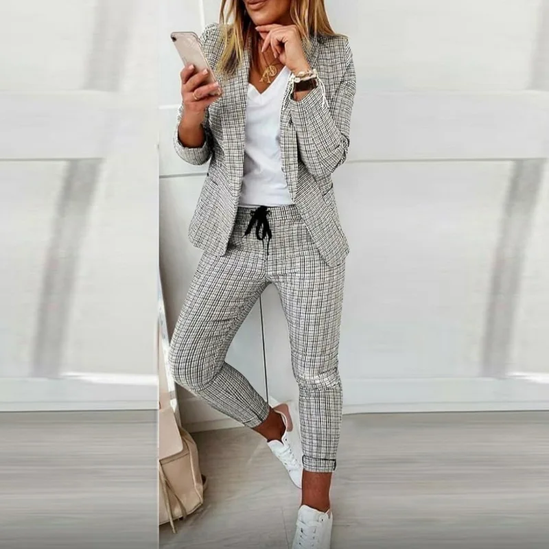 

New Fashion Women Plaid Print Blazer Coat & Pants Sets 2022 Femme Pocket Design Jacket & Trousers Office Lady 2 piece Outfits