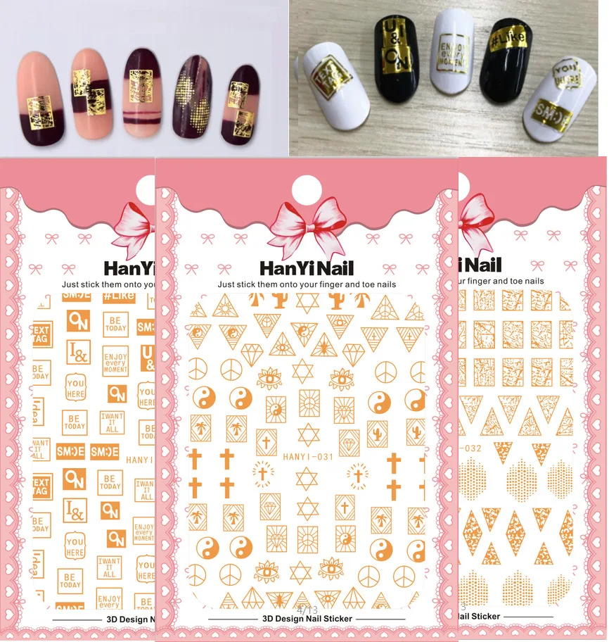 

3Pcs/Pack INS Popular HanYi 031-033 Gold Nail Stickers 3D Nail Enhancement Sticker With Back Glue For DIY
