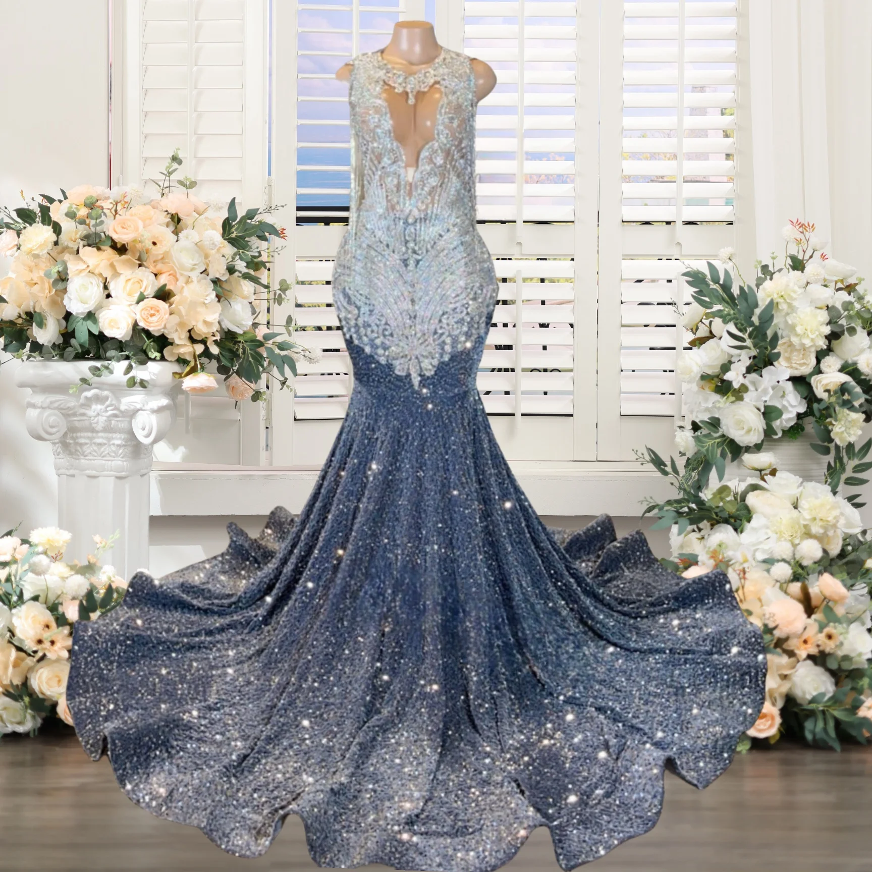 Женское вечернее платье с блестками длинное серое блестящее платье-Русалка