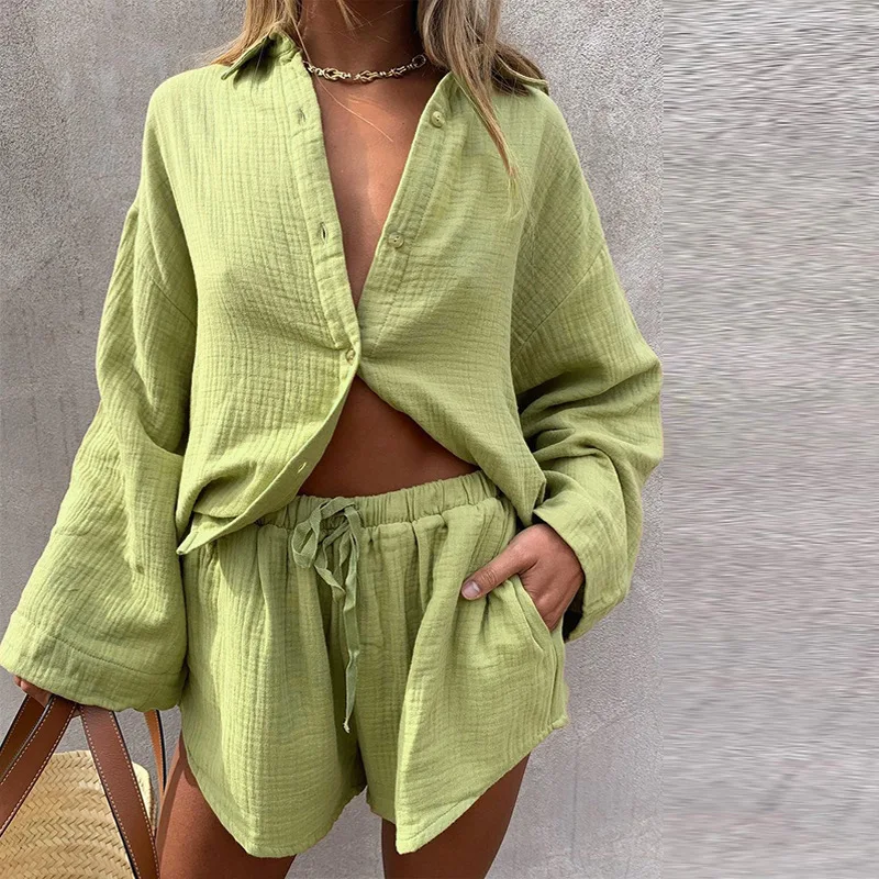 

New Women Tracksuit Shorts Set Summer Casual Long Sleeve Shirt Tops And Mini Drawstring Shorts Suit Lounge Wear Two Piece Set