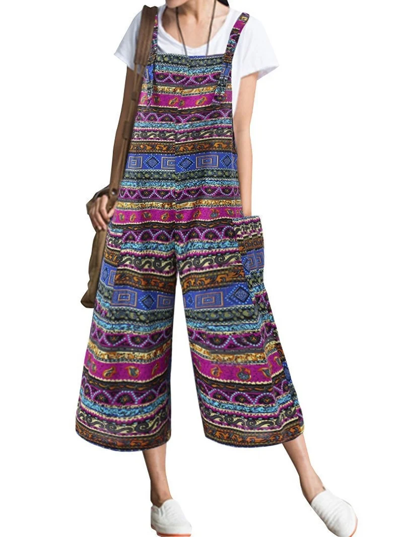 2023 Cotton Linen Casual Fashion Wide Leg Pants Jumpsuits Women Summer Print Floral Sling Loose Female Rompers One Piece Outfit