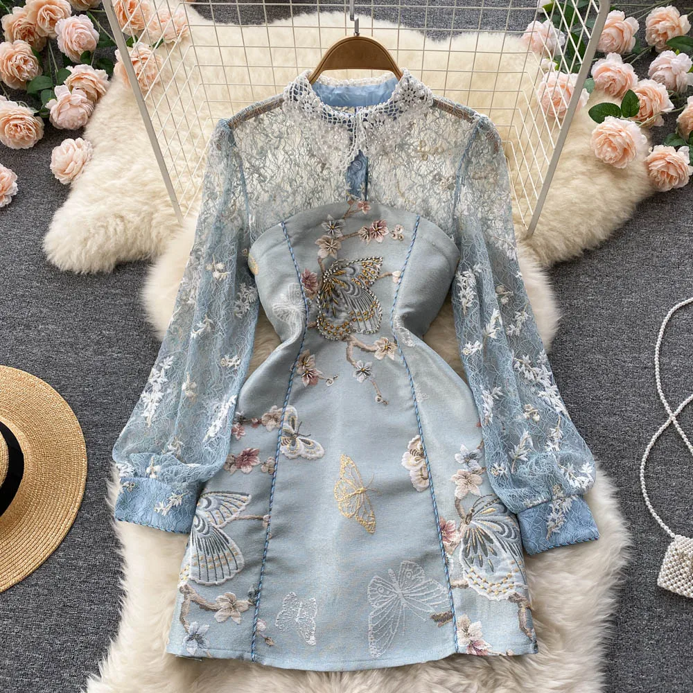 Autumn New French Heavy Nail Beads Slim Slim Thin Small Incense Wind Doll Collar Embroidered Dress