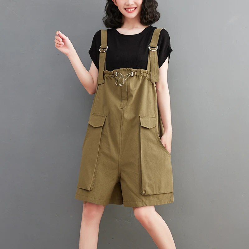 Loose Straight Rompers Cargo Shorts Women Streetwear Wide Leg Short Jumpsuits Pockets Strap Baggy Dungarees Big Size Overalls