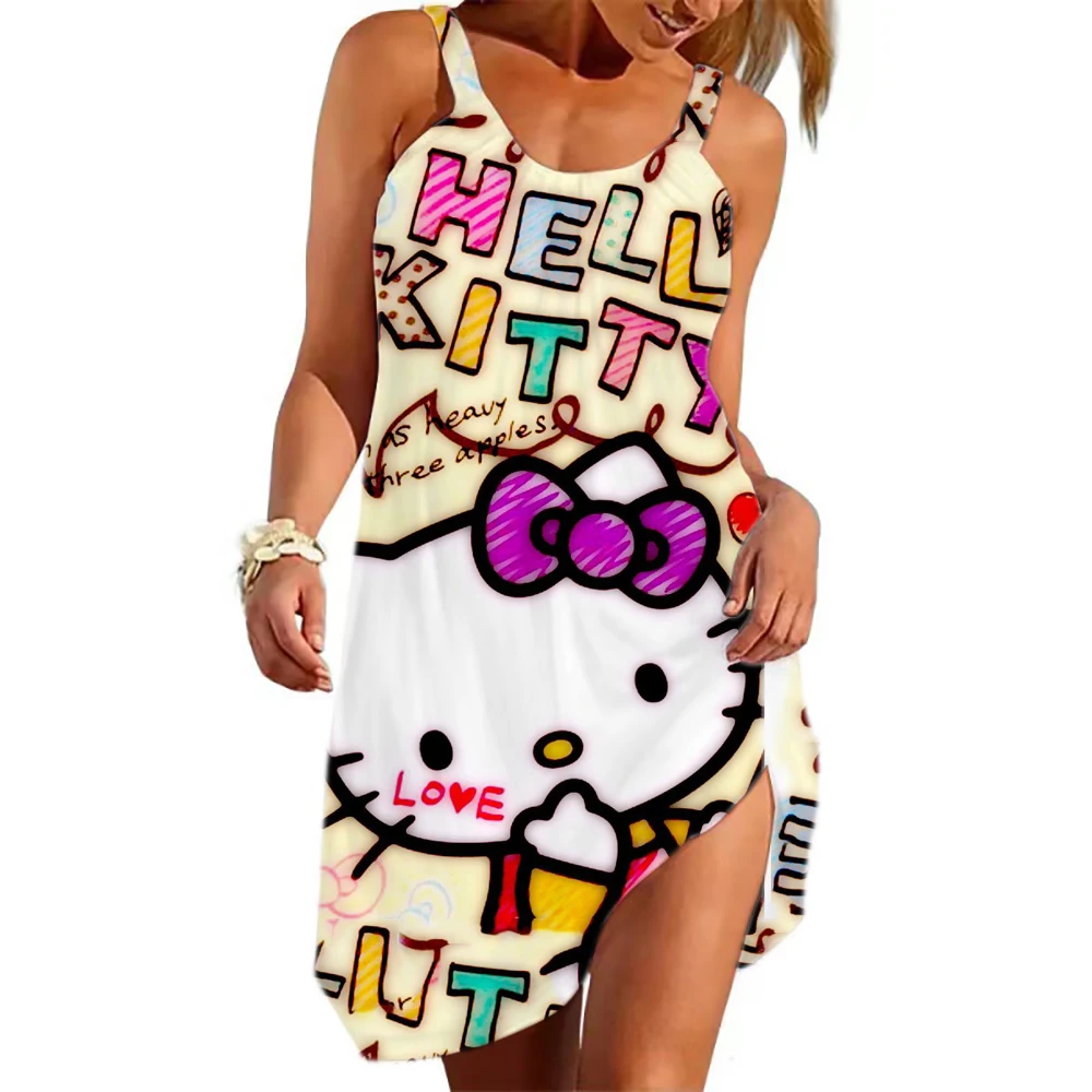 

Летнее платье Hello Kitty с мультяшным принтом, новинка, женское уличное Спортивное сексуальное мини-платье с коротким рукавом, короткое пляжное платье