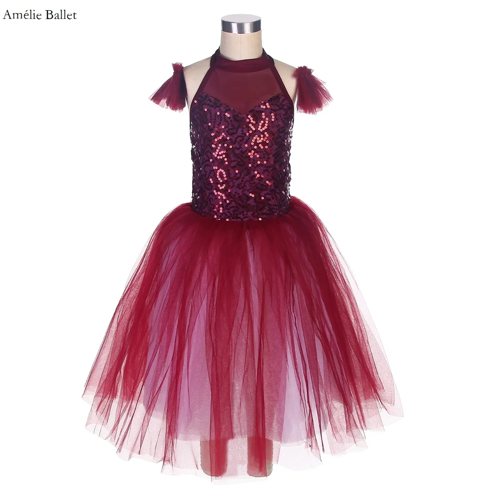 

19333 бордовый кружевной топ с блестками лиф воротник хомут романтичная Балетная пачка для девушек и женщин сценическое выступление Балерина Танцевальная пачка