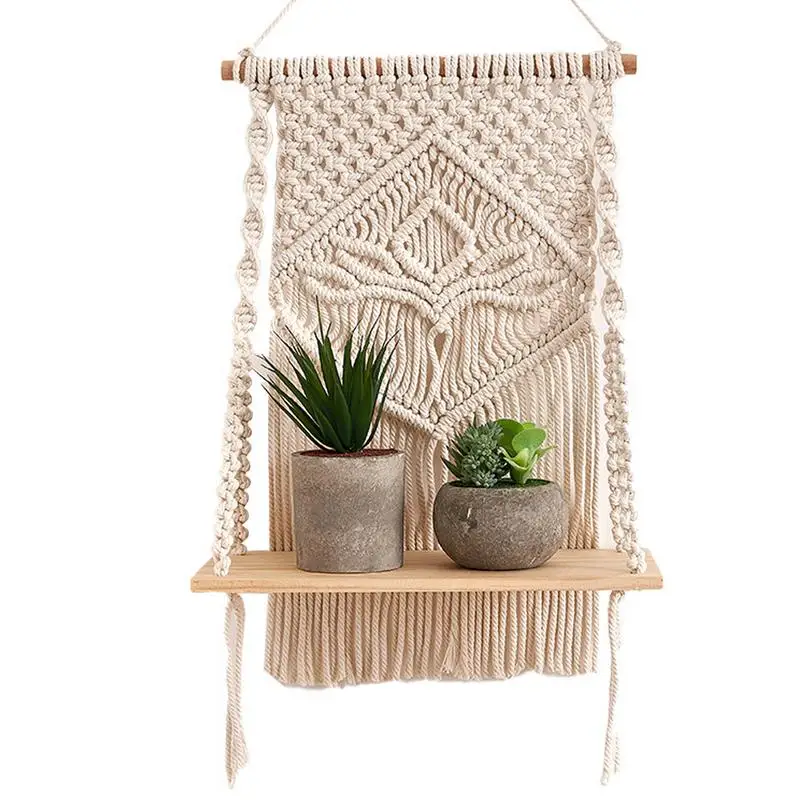 

Macrame Hung Shelves Wood Floating Rustic Wall Plant Shelf Handmade Woven Rope Bohemian White Organizer For Plants Bookshelf