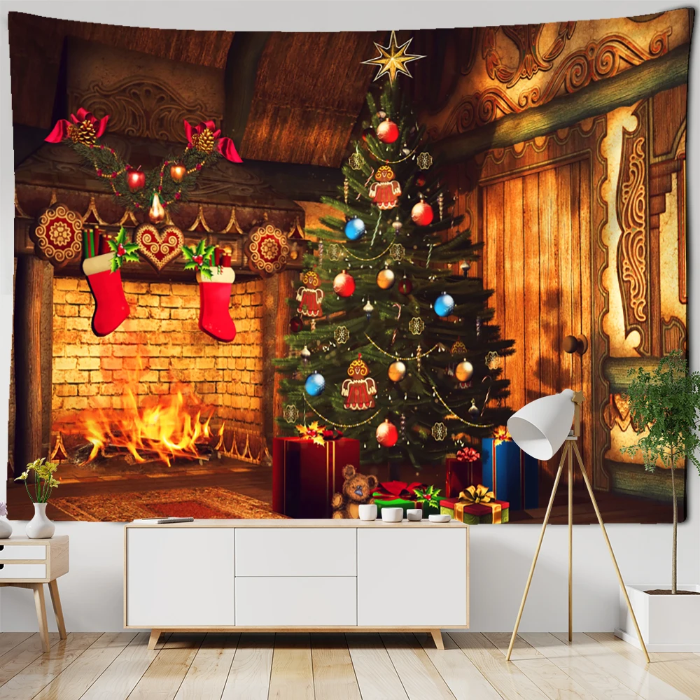 

Home Decor Neon Fireplace Tapestry Wall Hanging Christmas Tree Socks Gift Atmosphere Background Fabric Tapestry 230x180cm tapiz