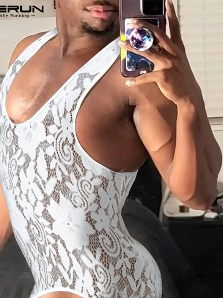 

Sexy Leisure Style New Men's Printed Jumpsuit Stylish Male Loose Comfortable Lace Sleeveless All-match Underwear Bodysuits S-5XL