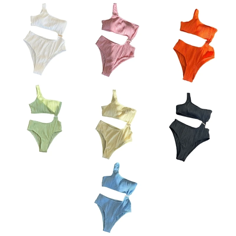 

H58D Women One-Shoulder Ribbed-Bikini Cutout One-Piece Swimsuit Swimwear Bathing Suit