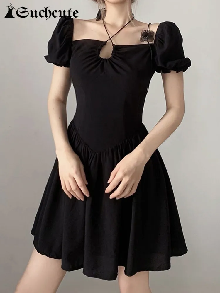 

SUCHCUTE Vintage Bandage Mini Dress Women Korean Fashion Black Party Dresses Puff Sleeve Fairycore Streetwear Gothic 90s Clothes