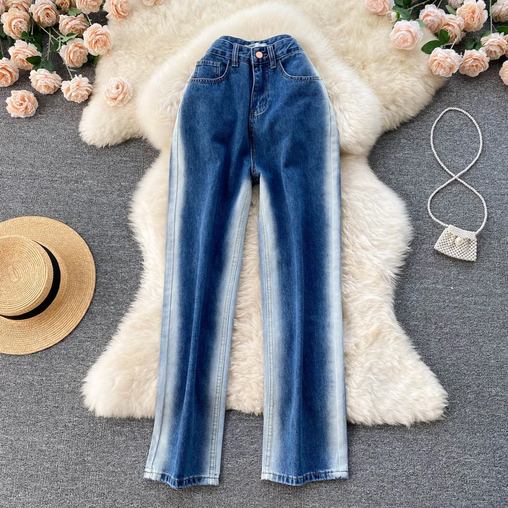 

Дизайн чувство ниша градиент контрастные Джинсы женские 2022 Весна и лето Новые Высокая талия свободные тонкие широкие ноги Mops