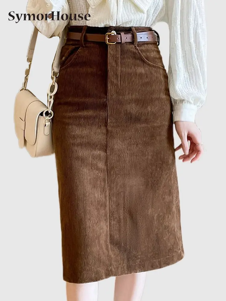

Autumn Winter Corduroy Pencil Skirts Womens With Belted 2022 New High Waist Back Split Office Female Sheath Wrap Hips Skirts