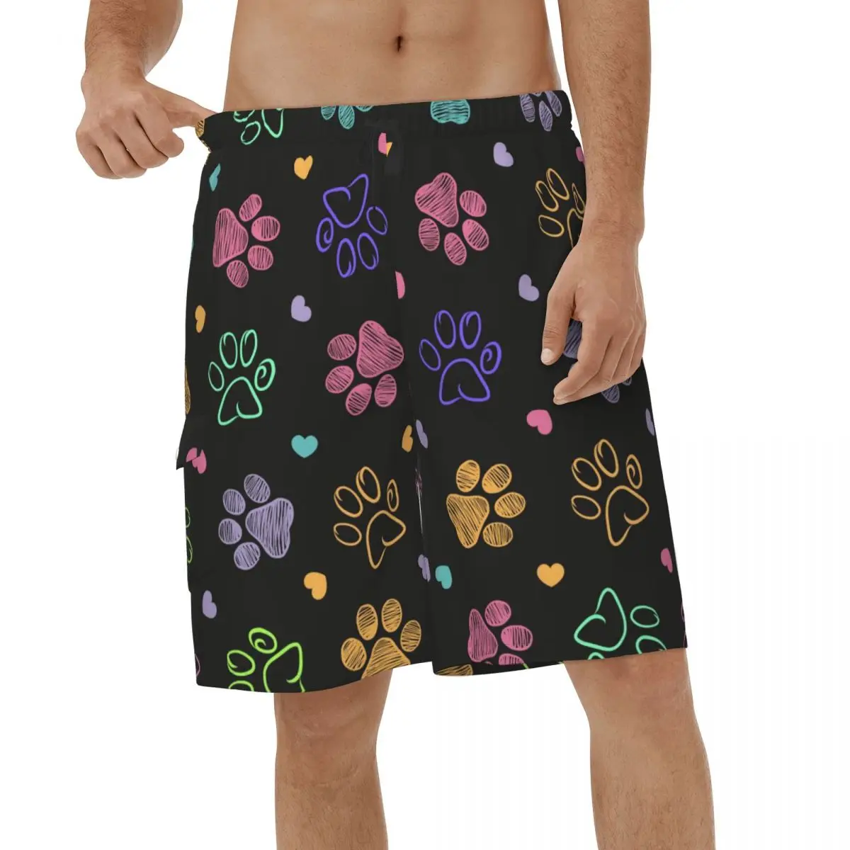 

Colorful Doodle Paw Print Beach Shorts Men Summer Fashion Dog Cat Swimsuits Board Shorts Breathable Running Surf Board Shorts