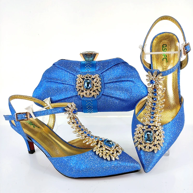 

QSGFC Newest Italian Design Fashion Gold Ears of Wheat Shape Style Ladies Shoes and Bag Set in Orange Color for Party