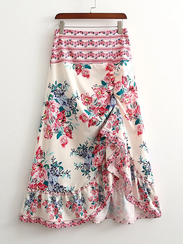 

Винтажная шикарная юбка Khalee Yose с цветочным принтом, богемная юбка с рюшами, высокой талией, оборками и разрезом, женские повседневные юбки для отдыха