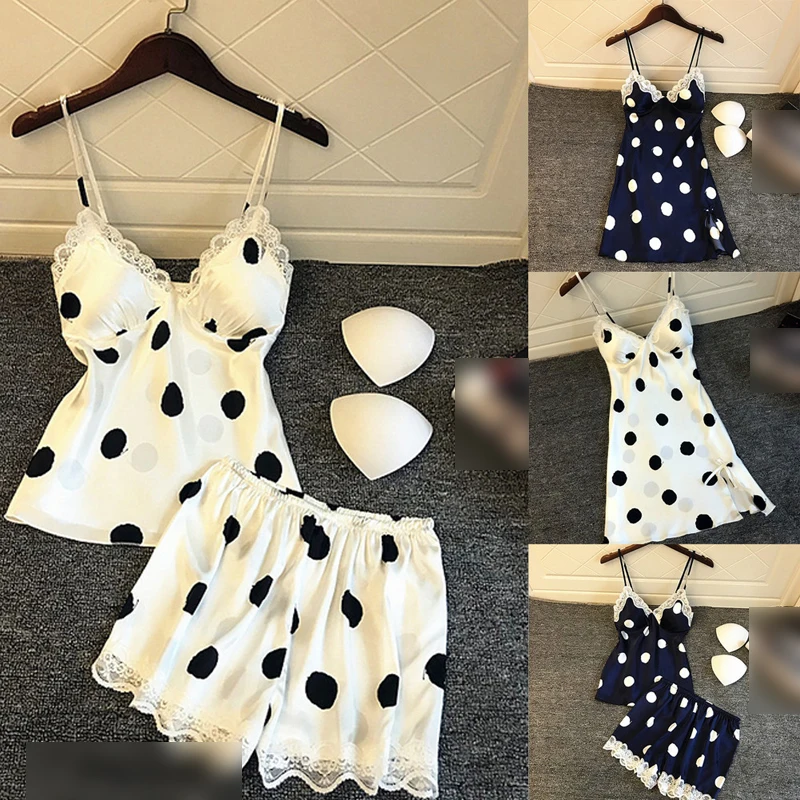 

Kayotuas Women New Sexy Sleepwear Satin Lace Dot Print Deep V-Neck Pajamas Set Female Sleeveless Lingerie Nightgown Tracksuit