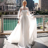 sumnus white high neck wedding dress long sleeve dotted tulle bride dresses 2022 elegant princess wedding gowns long train