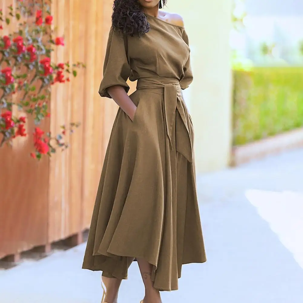 

Women Dress Oblique Shoulder Comfortable Lace-up Solid Tie Waist Belt Ruffled Strapless Elegant Formal Dress Work Belted Robe