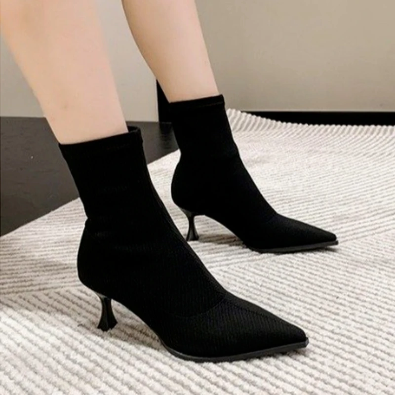 Pointed Toe High-heeled Ankle Boots Women's New Mid-sleeve Elastic Boots Korean Version Nude Color Ankle Boots Thin High Boots