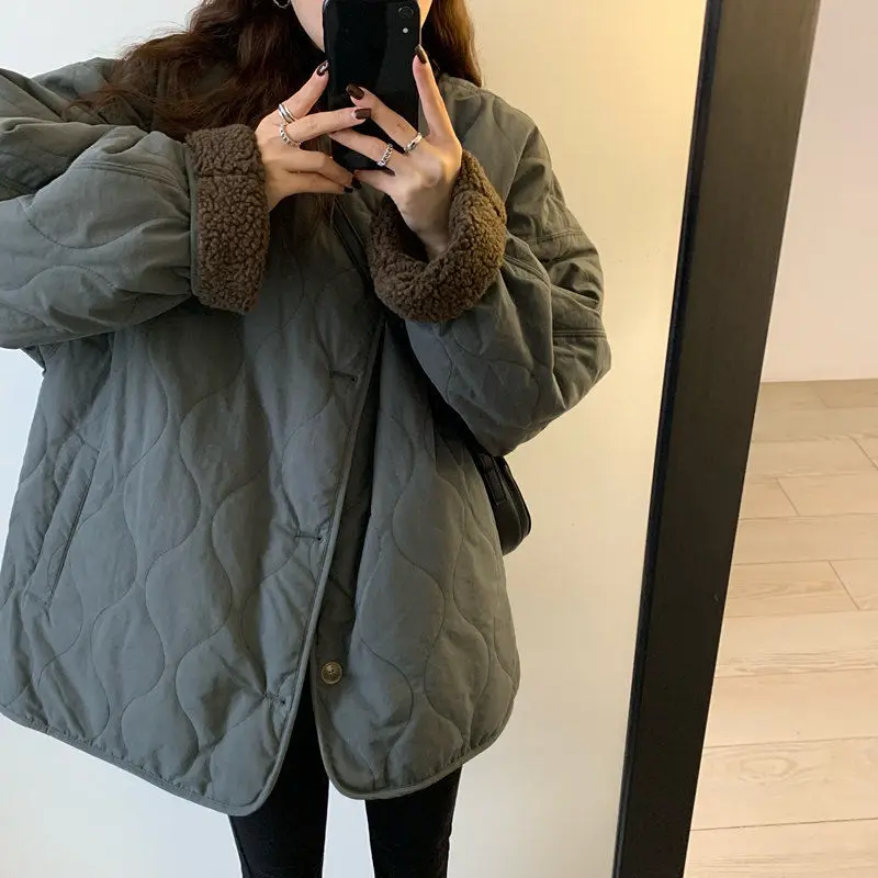 O-neck Stitching Lamb Wool Cotton Coat Women Autumn Winter Cotton Coat Coat Fashion Reversible Casual Top