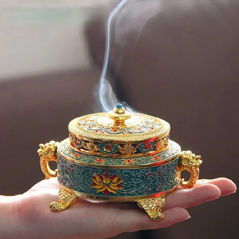 

Incense Holders Incense Burner Tibetan Style Painted Enamel Zinc Alloy Coil Incense Holder Home Office Decoration Gift zen