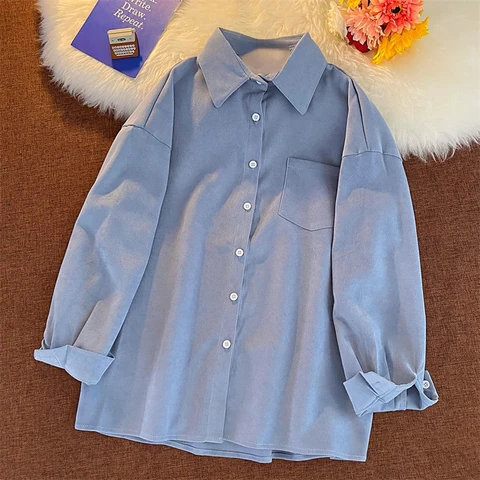 Женские вельветовые рубашки, винтажные простые дизайнерские универсальные рубашки с карманами, модные повседневные рубашки в Корейском стиле для колледжа