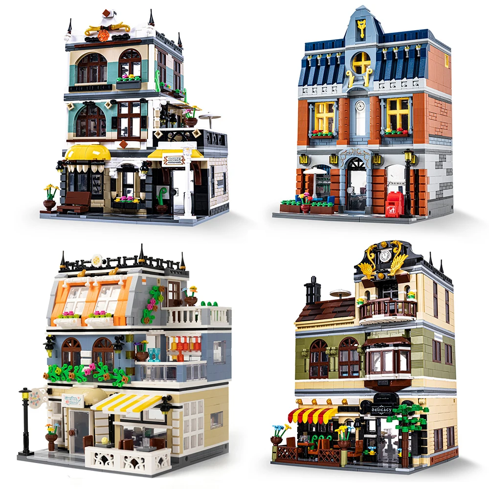 

City Street View Creative Cafe Shop Garden Hotel Restaurant Store Model Building Blocks Architecture Bricks Toys Gifts For Kids