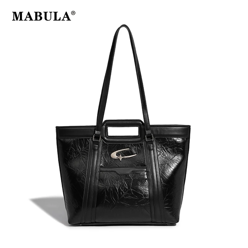 

MABULA Ruched Vegant Leather Women Tote Handbag Vintage Designer Black Zipper Shoulder Shopper Purse Big Capacity Satchel Bag