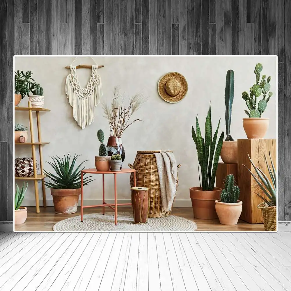 Bohemia Style Room Photography Backdrops Decoration Pot Plants Wooden Table Chair Shelf Custom Baby Photobooth Photo Backgrounds