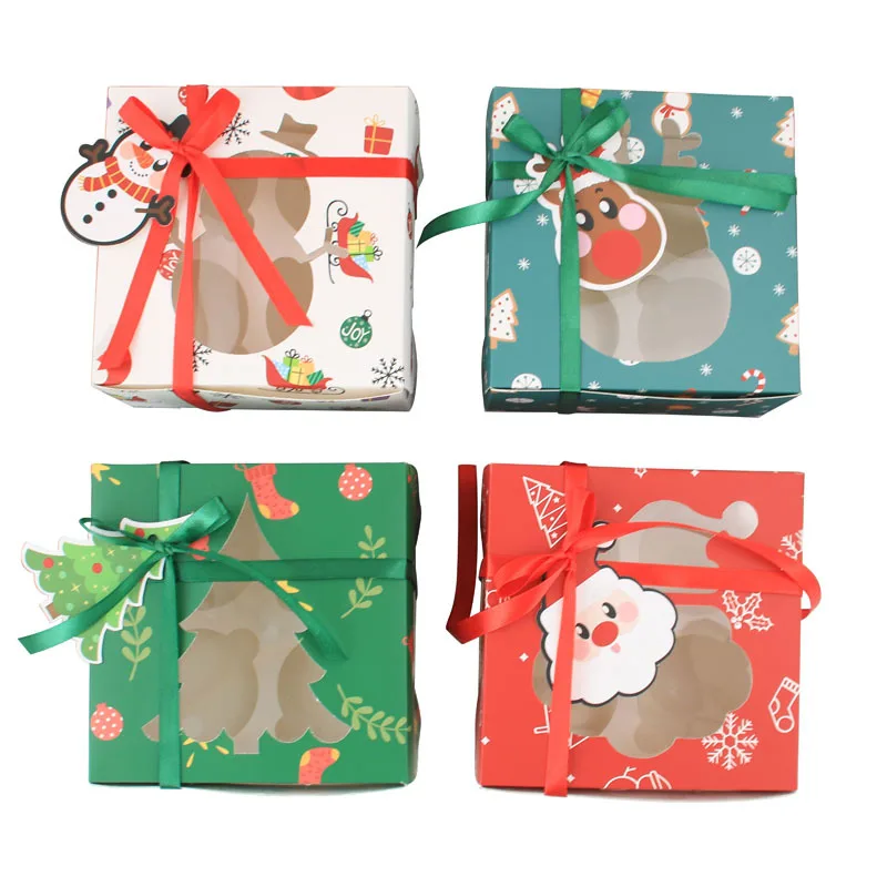 

12 шт./пакет новые рождественские коробки для маффинов, Подарочная бумажная коробка для конфет, мультяшная белая открывающаяся оконная стильная с наклейкой, лента, декор для вечеринки