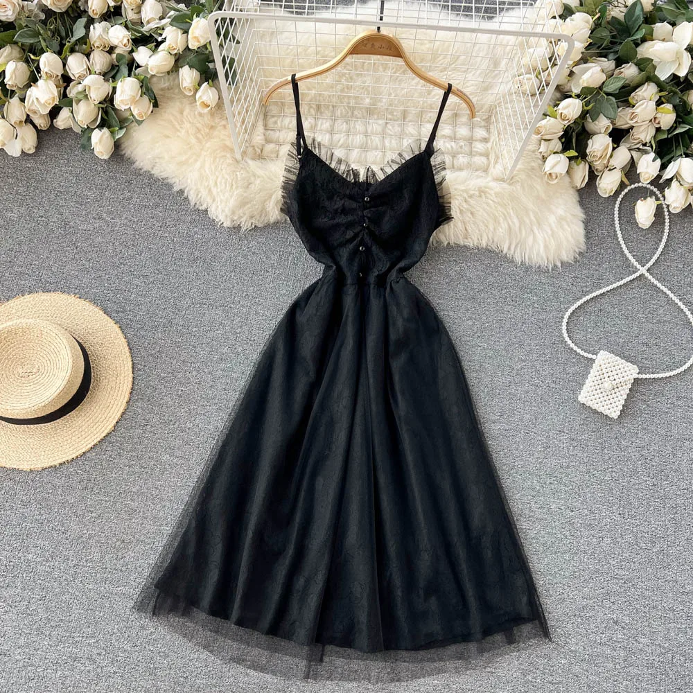 

Новинка лета 2022, маленькое черное платье феи Сен, платье на бретелях, длинное шифоновое кружевное женское платье, Трендовое платье