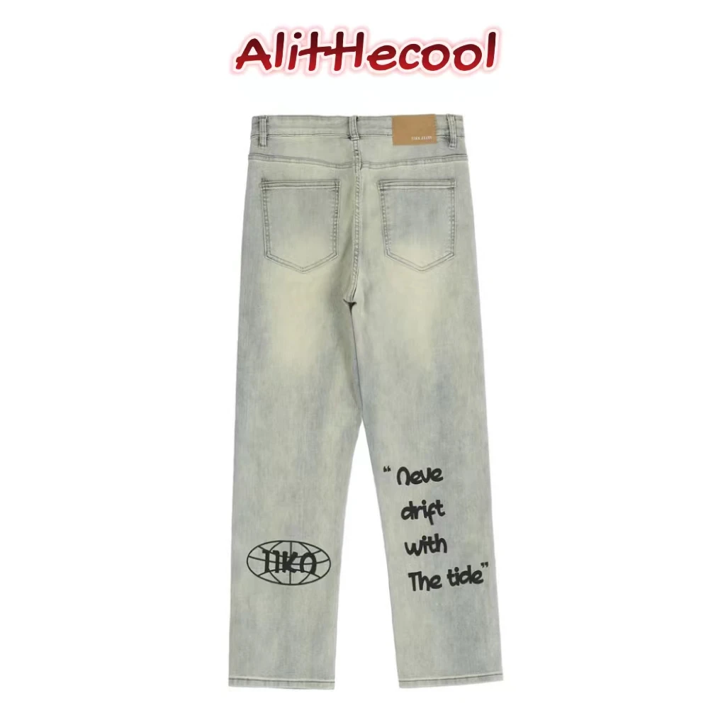 2023 Vintage Hip-Hop Letter Print Jeans High Quality Fashion High Street Graffiti Slim Straight Pants Streetwear Casual Trousers