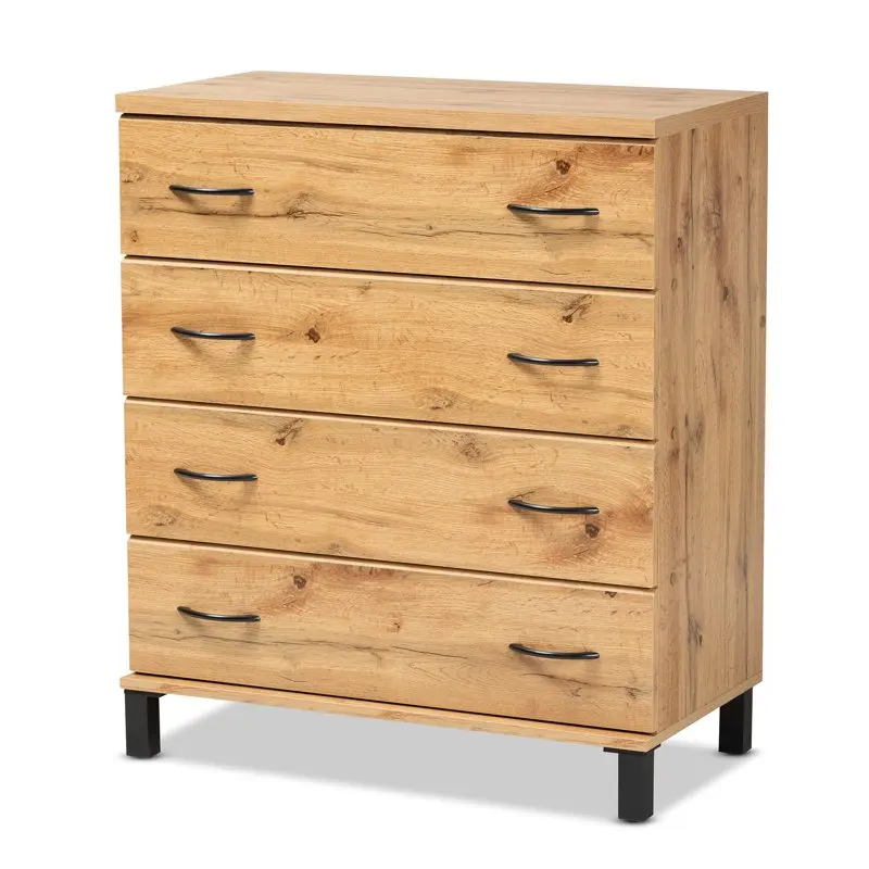 

Beautiful and Contemporary Wotan Oak Brown 4-Drawer Wood Storage Chest for Improved Home Decor and Organization.