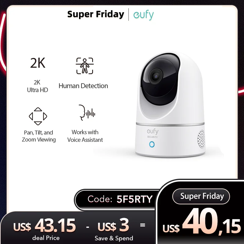 eufy Security Solo 2K Indoor Cam P24 Protect Pan & Tilt Mini Wifi Camera Human AI Voice Assistant Compatibility Motion Track