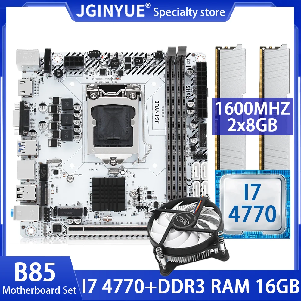 

Комплект материнской платы JGINYUE B85 LGA 1150 с охлаждающим вентилятором Intel Core I7 4770 CPU DDR3 16 ГБ = 2*8 ГБ ОЗУ Mini-ITX плата VGA