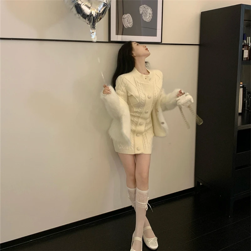 

Women 2022 Autumn Winter Dress Knitted O-neck Elegant Mini Dresses Vintage Vestidos Female Clothig Slim Bodycon Outwear Korean
