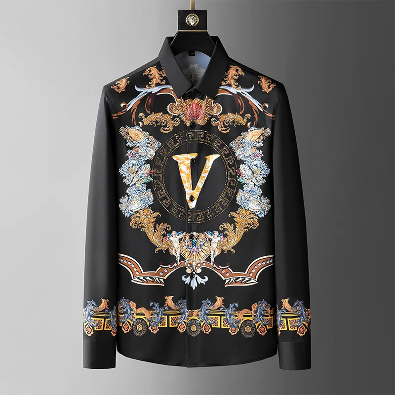 

2022 Fashion Printing Rhinestone Shirts for Men Autumn Long Sleeve Casual Business Dress Shirt Social Party Tuxedo Chemise Homme